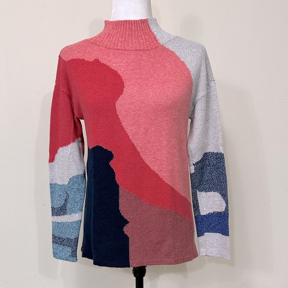 NEW NIC + ZOE Fall Color Blocks Mock Neck Long Sleeve Pullover Sweater Top S/M - Picture 13 of 16